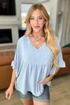 Airflow Peplum Ruffle Sleeve Top in Chambray - Maple Row Boutique 