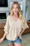 Airflow Peplum Ruffle Sleeve Top in Taupe - Maple Row Boutique 