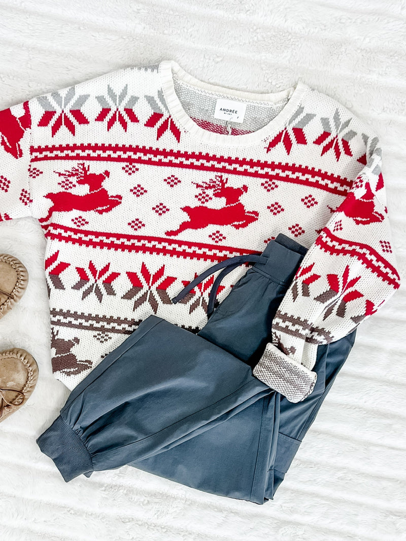 Knit Reindeer Sweater In Ivory - Maple Row Boutique 