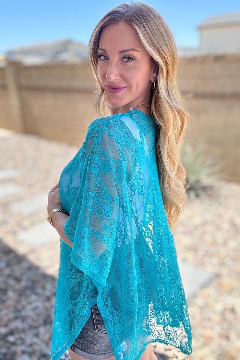 Good Days Ahead Lace Kimono In Teal - Maple Row Boutique 