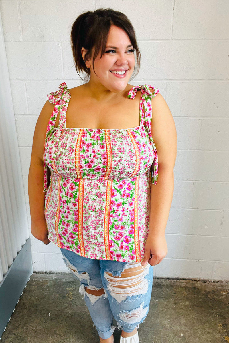 Ivory & Fuchsia Floral Smocked Shoulder Tie Top - Maple Row Boutique 