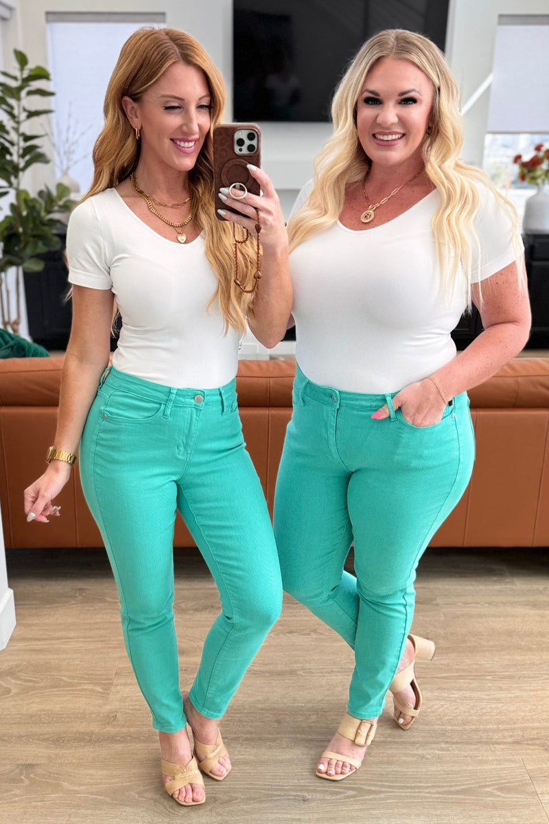 Bridgette High Rise Garment Dyed Slim Jeans in Aquamarine - Maple Row Boutique 