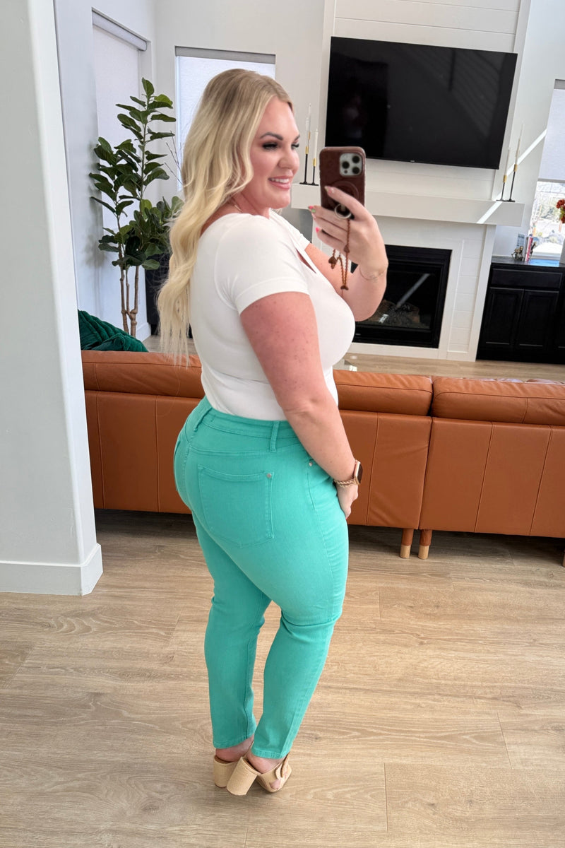 Bridgette High Rise Garment Dyed Slim Jeans in Aquamarine - Maple Row Boutique 