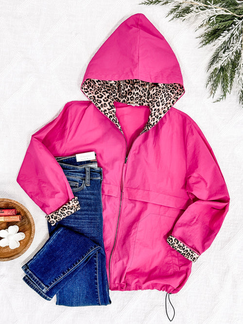 Lightweight Hooded Jacket With Animal Print Detail In Hot Pink - Maple Row Boutique 
