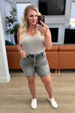 Greyson High Rise Button Fly Cuffed Shorts in Grey - Maple Row Boutique