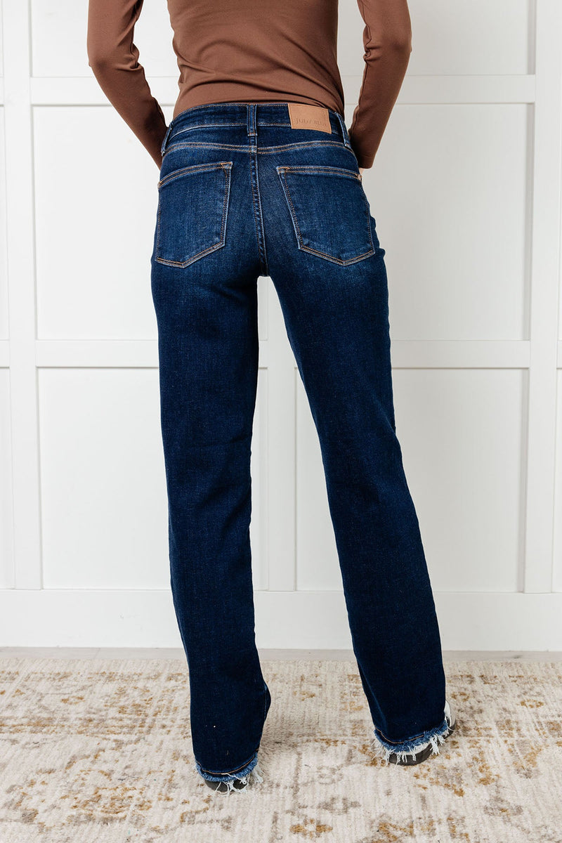 Jacqueline Mid Rise Frayed Hem Straight Leg Jean - Maple Row Boutique