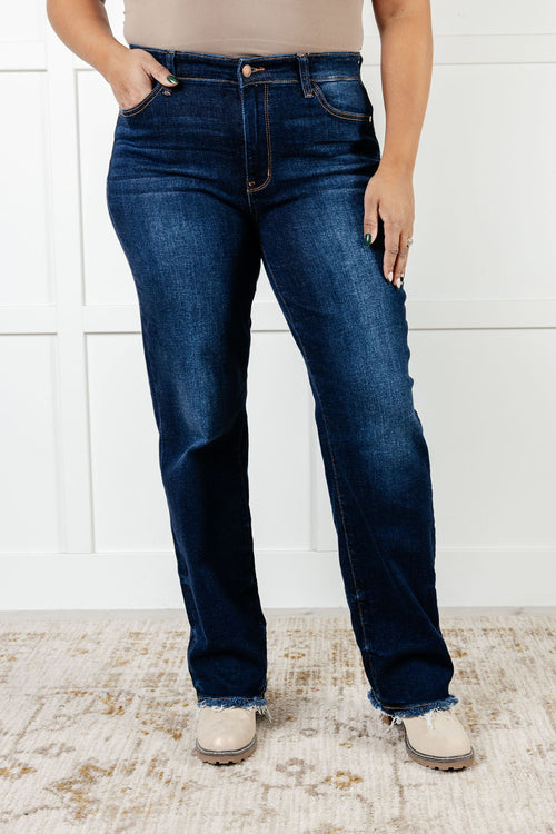 Jacqueline Mid Rise Frayed Hem Straight Leg Jean - Maple Row Boutique