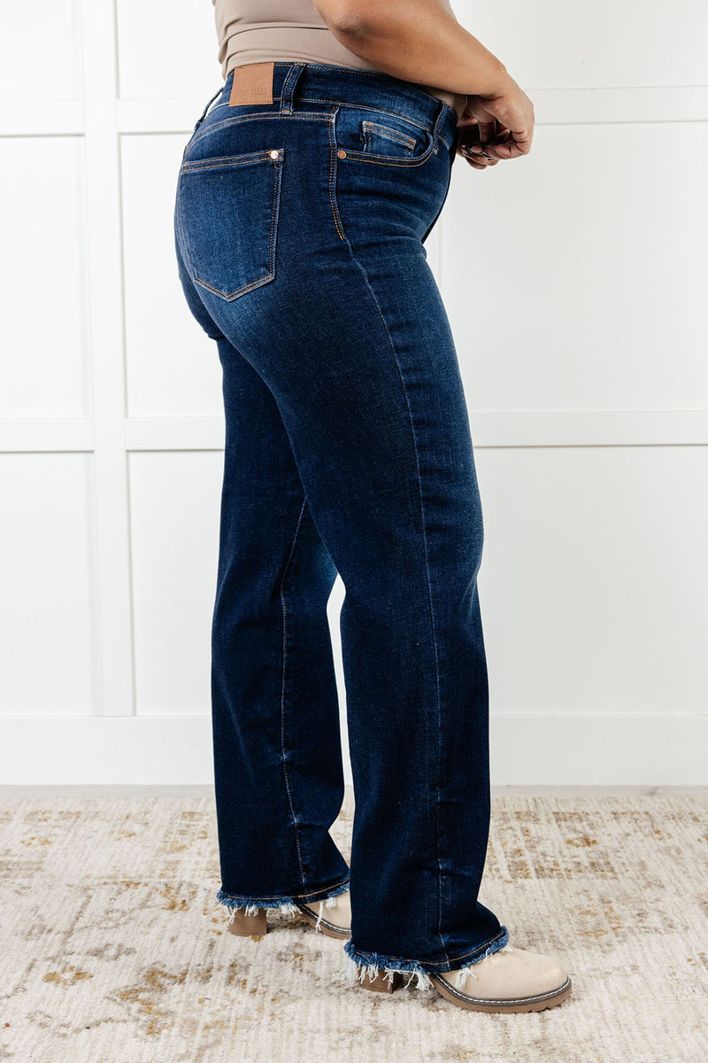 Jacqueline Mid Rise Frayed Hem Straight Leg Jean - Maple Row Boutique