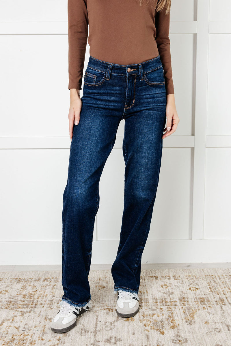 Jacqueline Mid Rise Frayed Hem Straight Leg Jean - Maple Row Boutique