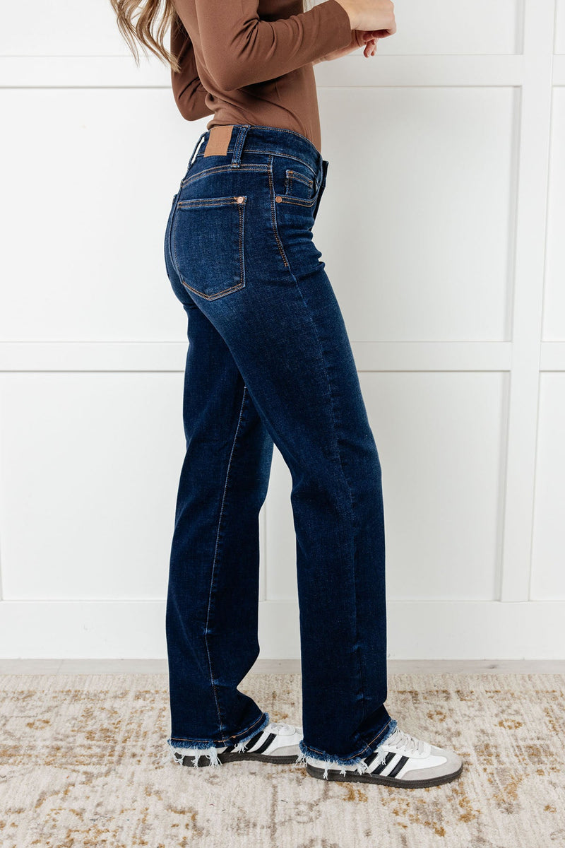 Jacqueline Mid Rise Frayed Hem Straight Leg Jean - Maple Row Boutique