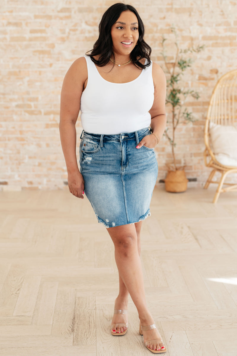 Carol High Rise Rigid Magic Denim Skirt - Maple Row Boutique 