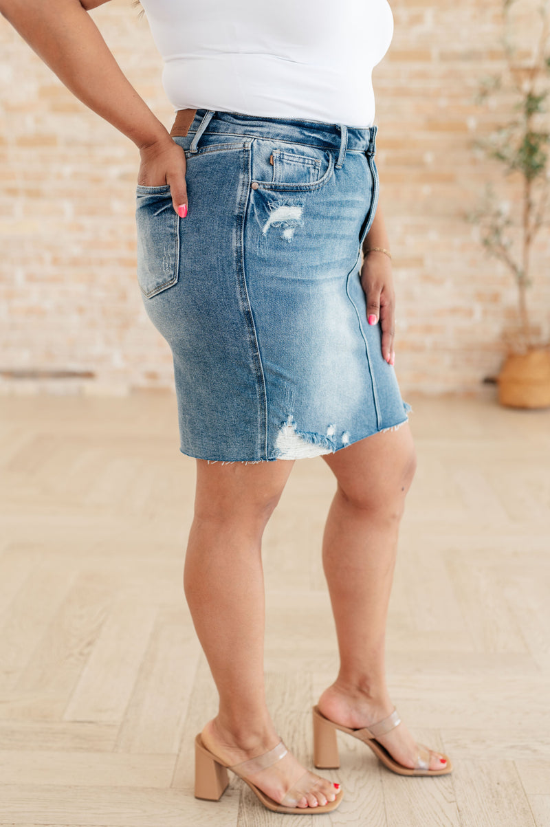 Carol High Rise Rigid Magic Denim Skirt - Maple Row Boutique 