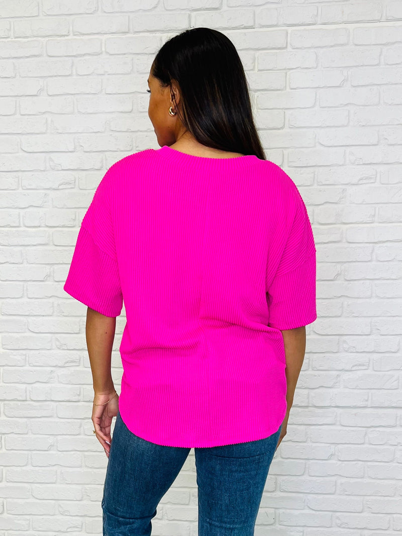 Just a Casual Girly V-Neck Basic Tee in Fuchsia - Maple Row Boutique
