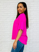 Just a Casual Girly V-Neck Basic Tee in Fuchsia - Maple Row Boutique