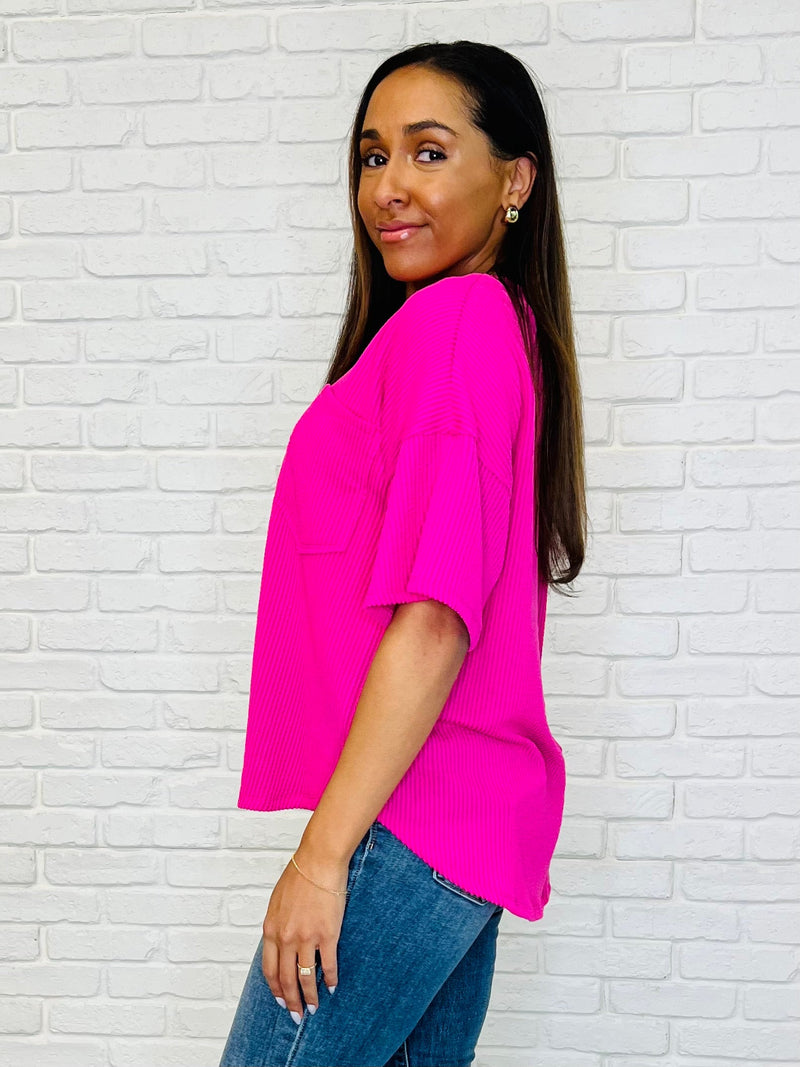 Just a Casual Girly V-Neck Basic Tee in Fuchsia - Maple Row Boutique
