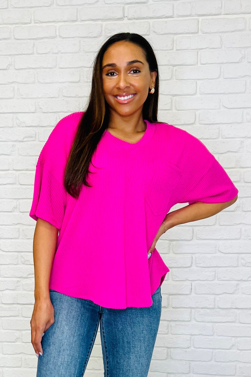 Just a Casual Girly V-Neck Basic Tee in Fuchsia - Maple Row Boutique