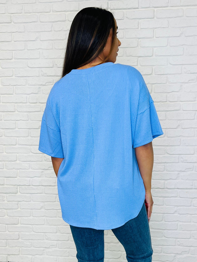 Just a Casual Girly V-Neck Basic Tee in Periwinkle Blue - Maple Row Boutique