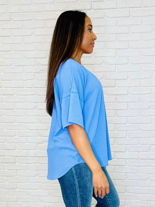 Just a Casual Girly V-Neck Basic Tee in Periwinkle Blue - Maple Row Boutique