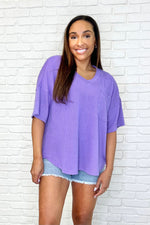 Just a Casual Girly V-Neck Basic Tee in Tropical Violet - Maple Row Boutique