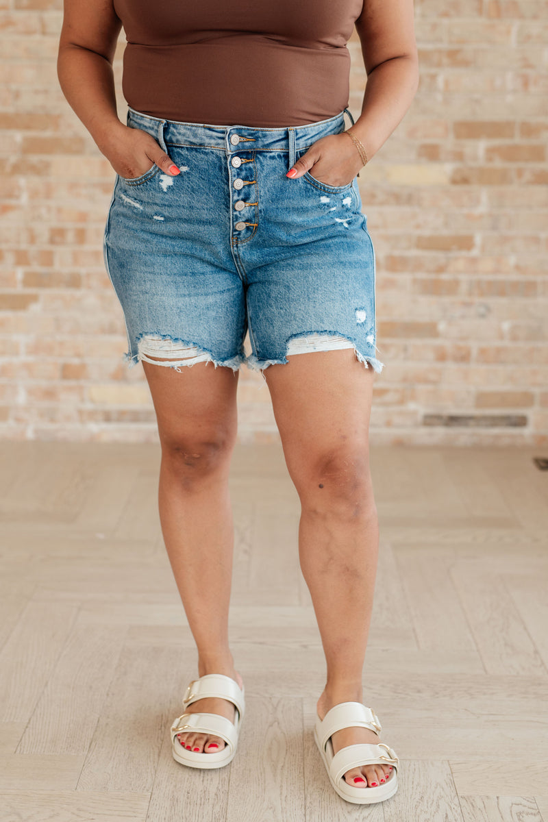 Kara High Rise Rigid Magic Button Fly Cutoff Shorts - Maple Row Boutique 