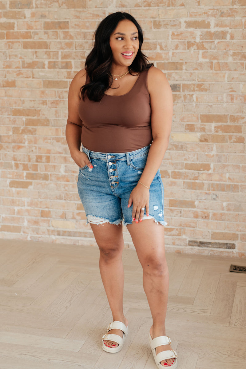 Kara High Rise Rigid Magic Button Fly Cutoff Shorts - Maple Row Boutique 