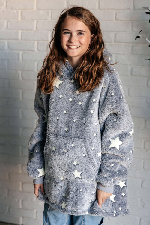 Kids Oversized Hoodie Blanket in Grey Stars - Maple Row Boutique