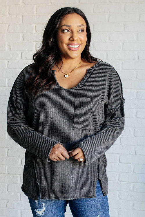 Kinda Sorta Ribbed Top in Charcoal - Maple Row Boutique 