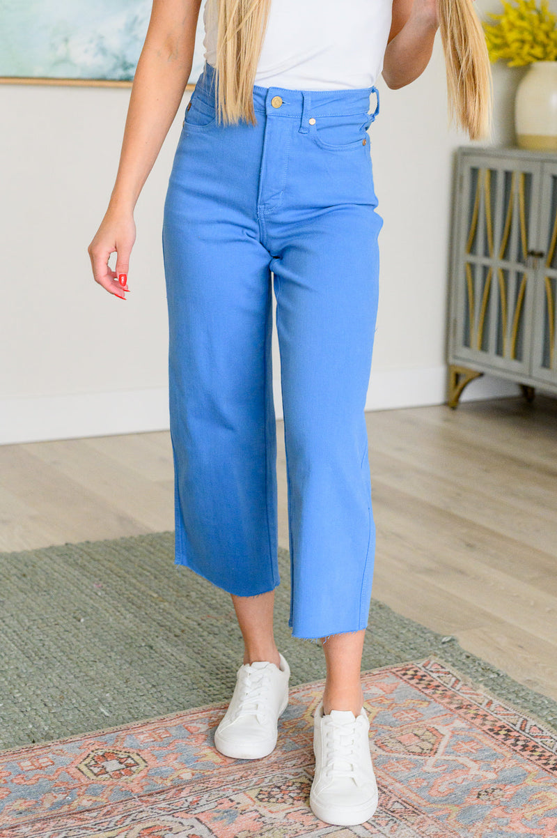 Lisa High Rise Control Top Wide Leg Crop Jeans in Sky Blue - Maple Row Boutique 