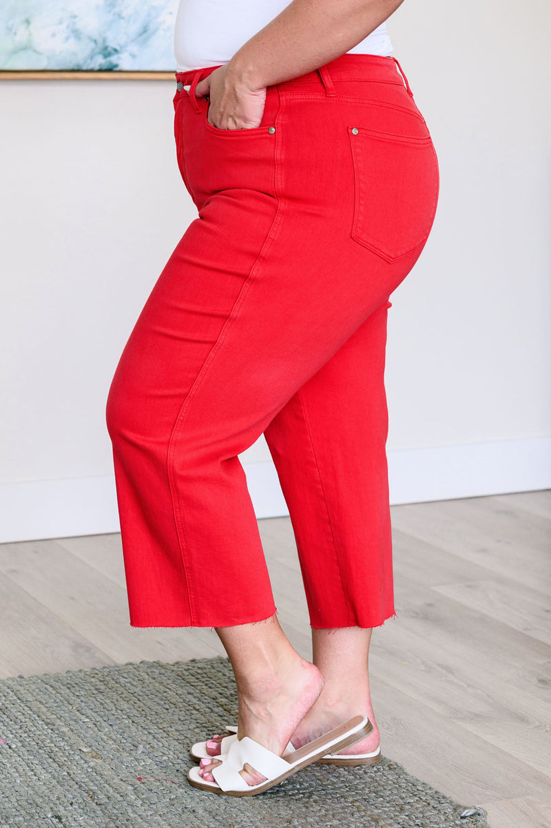 Lisa High Rise Control Top Wide Leg Crop Jeans in Red - Maple Row Boutique 