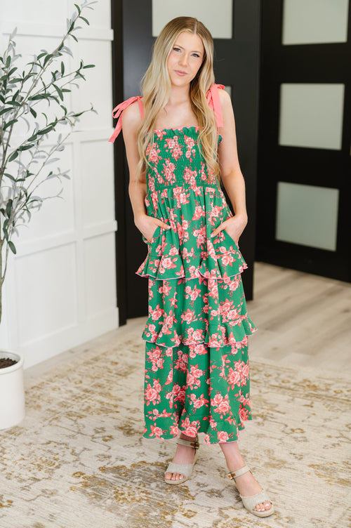 Low Effort, High Impact Tiered Dress in Green/Coral - Maple Row Boutique