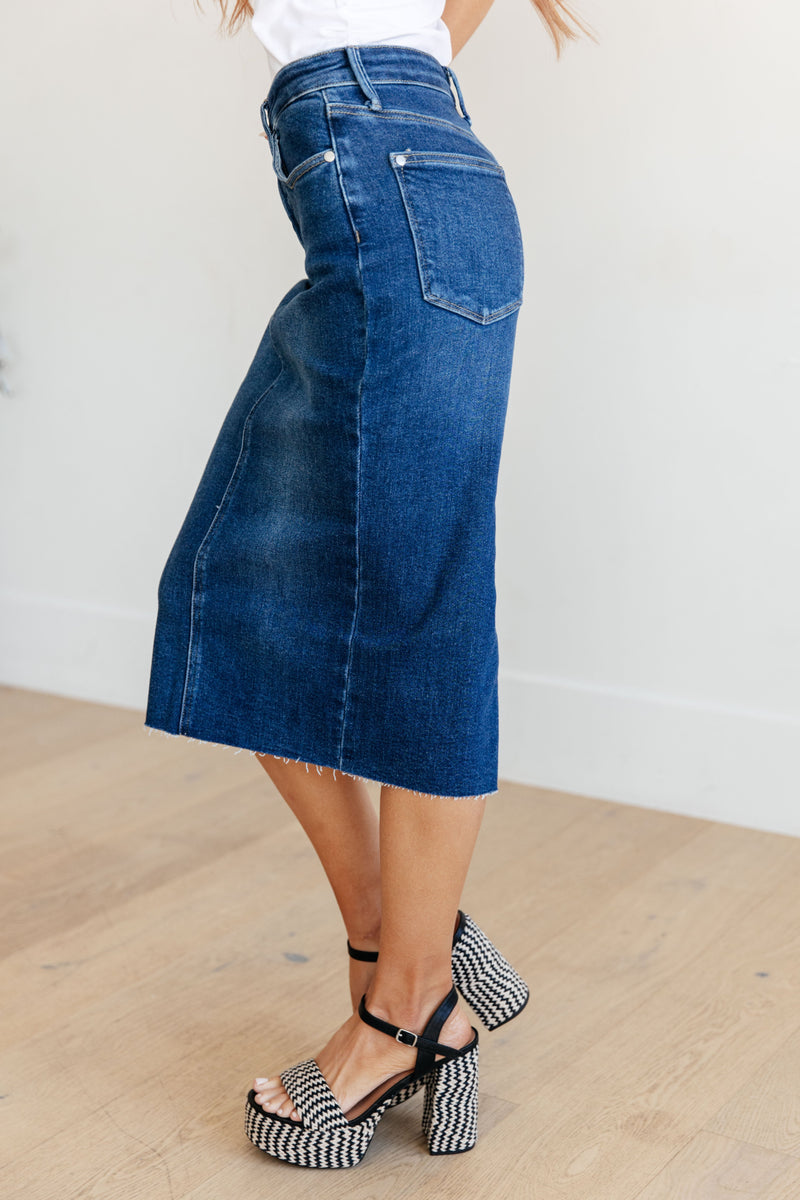 Marcy High Rise Denim Midi Skirt - Maple Row Boutique 