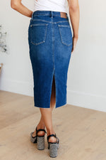 Marcy High Rise Denim Midi Skirt - Maple Row Boutique 