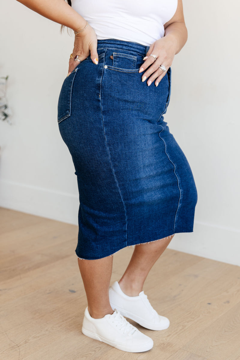 Marcy High Rise Denim Midi Skirt - Maple Row Boutique 