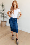 Marcy High Rise Denim Midi Skirt - Maple Row Boutique 