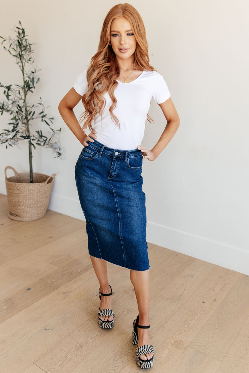 Marcy High Rise Denim Midi Skirt - Maple Row Boutique 