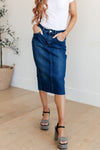 Marcy High Rise Denim Midi Skirt - Maple Row Boutique 