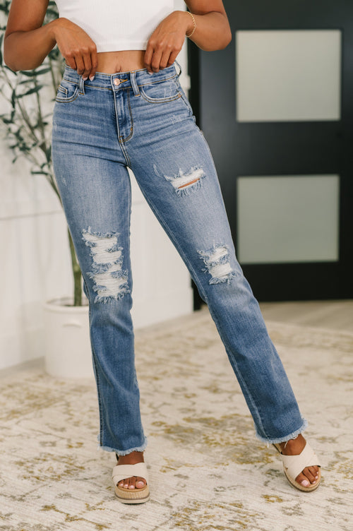 Maureen High Rise Distressed Bootcut Jeans - Maple Row Boutique