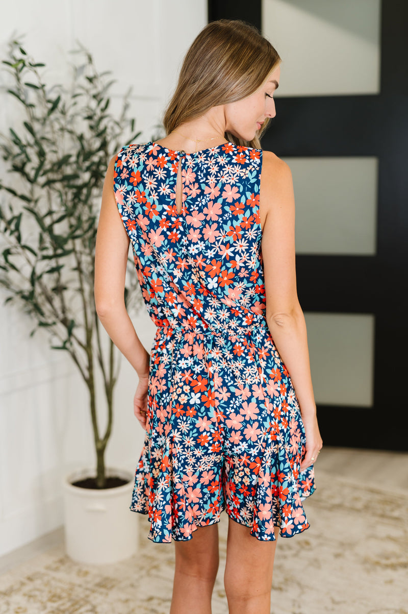 Meadow Mischief Sleeveless Romper in Navy/Orange/Teal - Maple Row Boutique