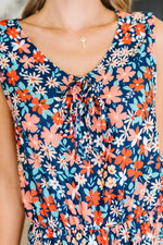 Meadow Mischief Sleeveless Romper in Navy/Orange/Teal - Maple Row Boutique