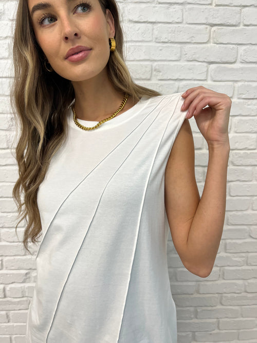 New Normal Pleat Detail Sleeveless Top in White - Maple Row Boutique