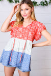 Red & Blue Color Block Tiered Tie Neck Top - Maple Row Boutique 