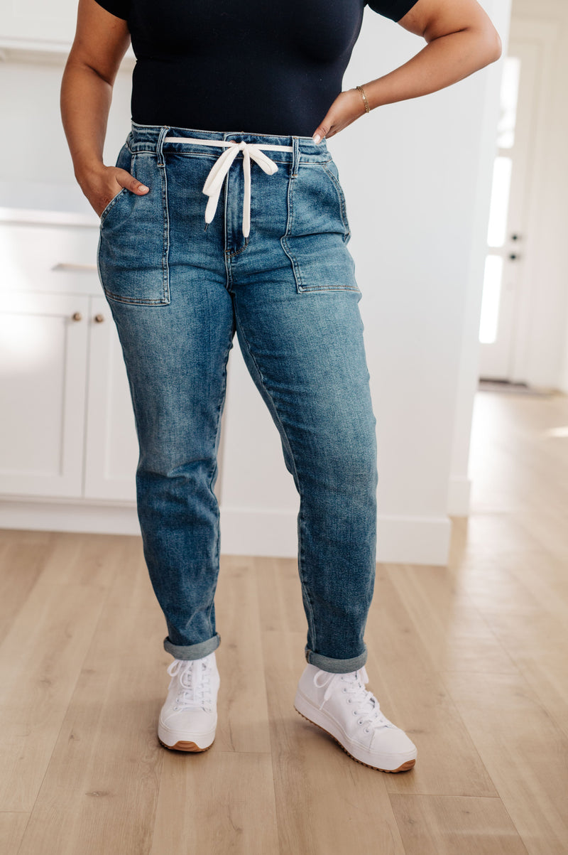 Payton Pull On Denim Joggers in Medium Wash - Maple Row Boutique 