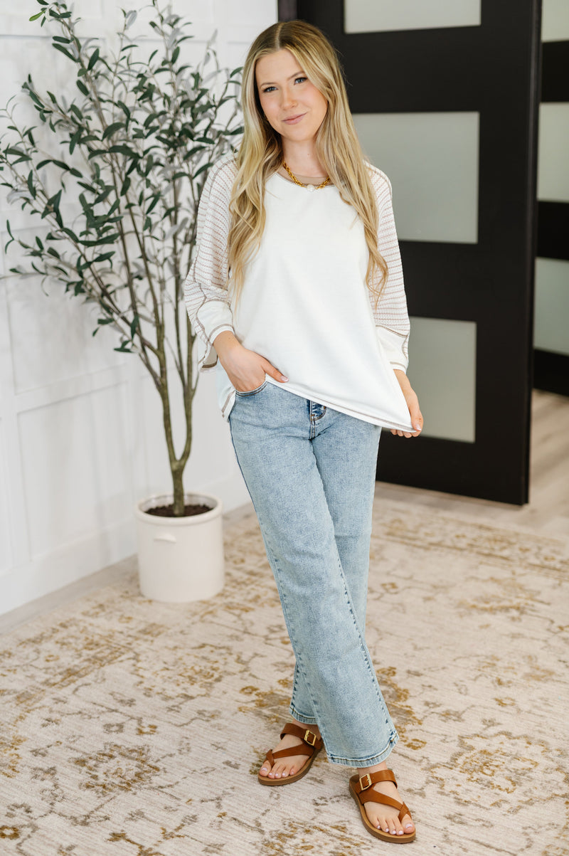 Preoccupied Striped Sleeve Top in Tan - Maple Row Boutique