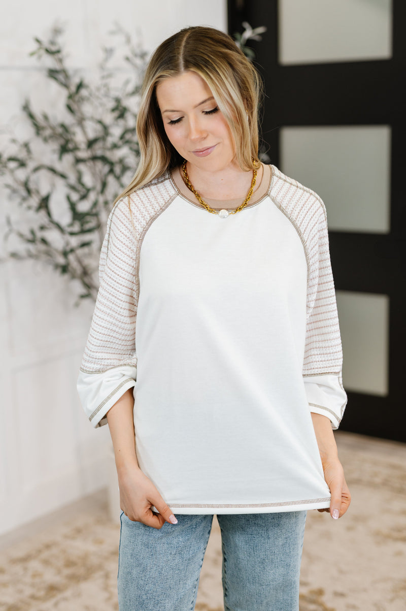 Preoccupied Striped Sleeve Top in Tan - Maple Row Boutique