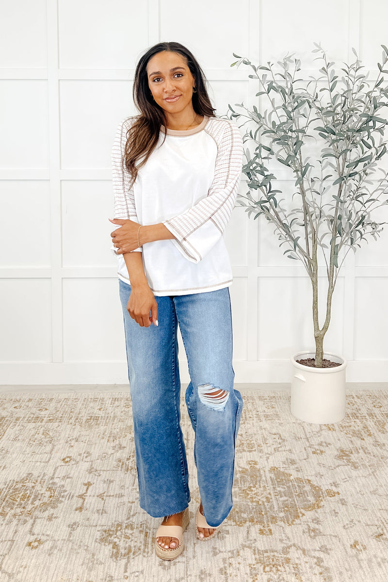 Preoccupied Striped Sleeve Top in Tan - Maple Row Boutique