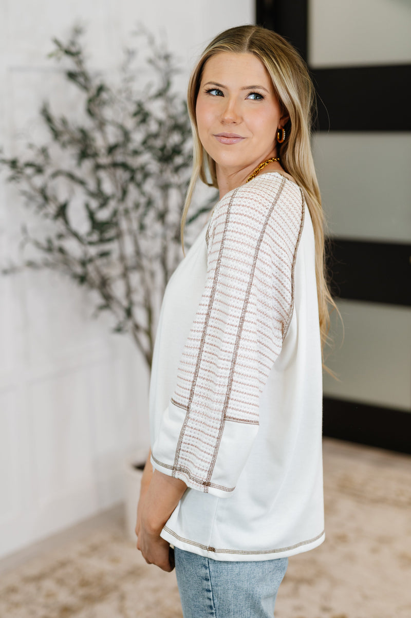 Preoccupied Striped Sleeve Top in Tan - Maple Row Boutique