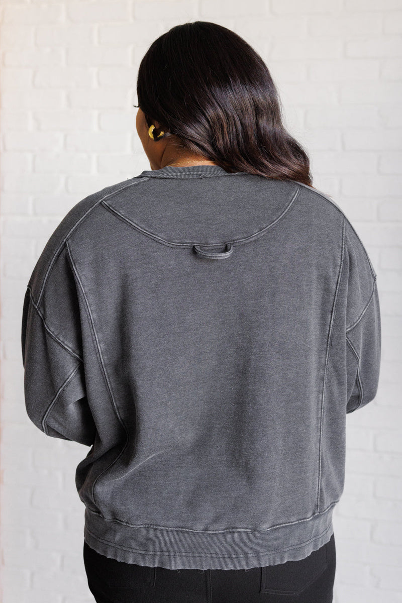Quick Fix Mineral Wash Crew Neck Pullover in Black - Maple Row Boutique 