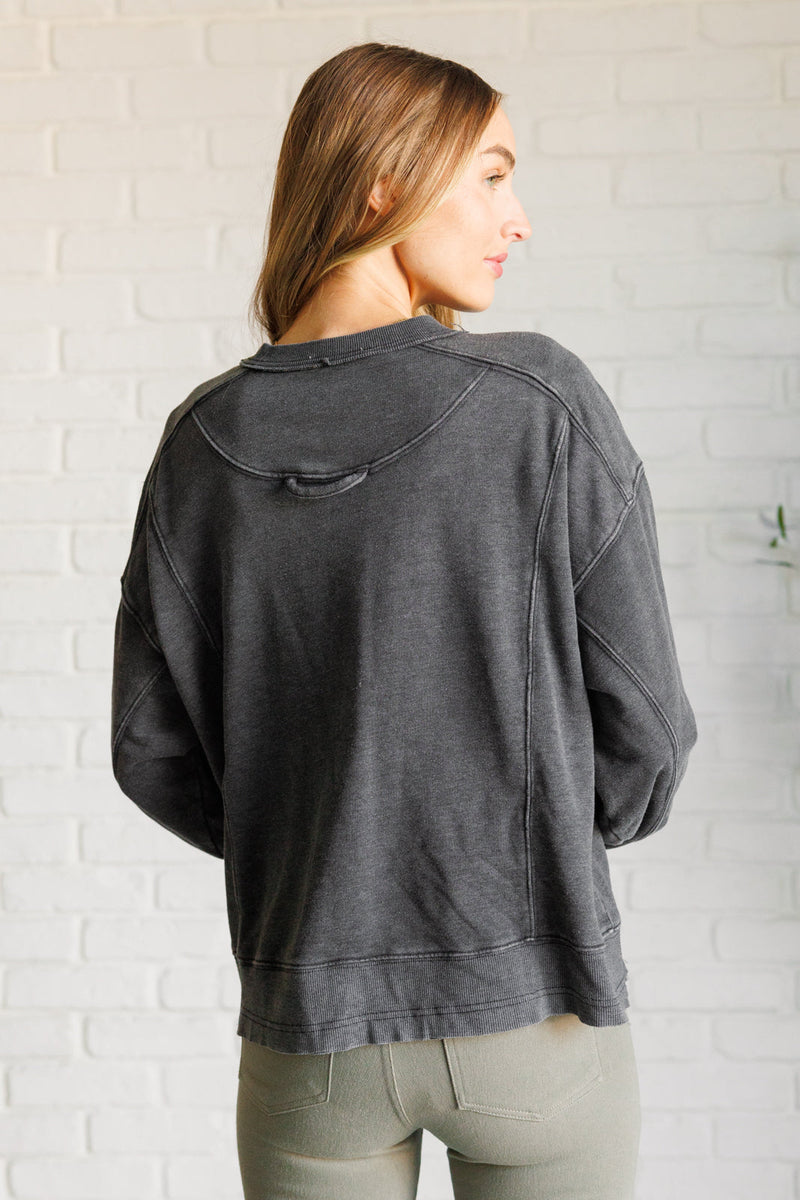 Quick Fix Mineral Wash Crew Neck Pullover in Black - Maple Row Boutique 