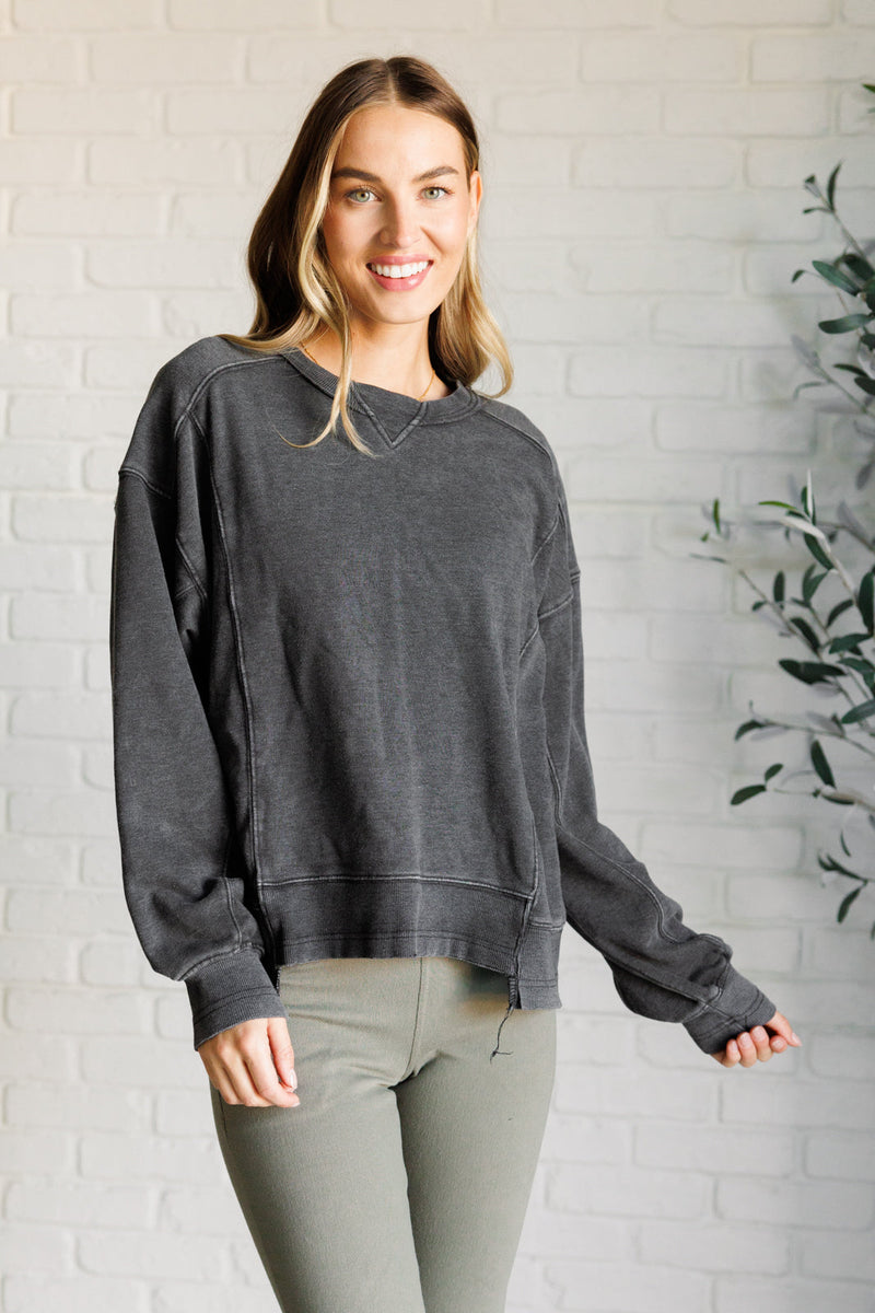 Quick Fix Mineral Wash Crew Neck Pullover in Black - Maple Row Boutique 