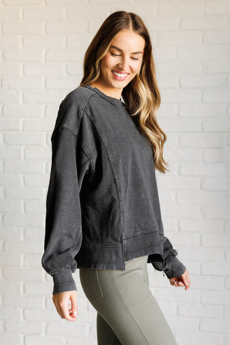 Quick Fix Mineral Wash Crew Neck Pullover in Black - Maple Row Boutique 